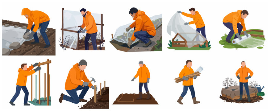 Man gardener winterizing garden and protecting plants from frost with plastic covers and cold frames set of illustrations