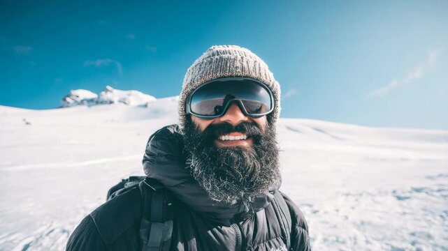 A bearded man with sunglasses is smiling and posing on a snowy mountaintop. He's wearing skiing goggles and has snowflakes on his beard.