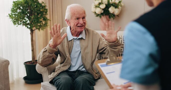 Nurse, clipboard and old man on couch for assisted living, medical service and happy in nursing home. Retirement, paperwork and caregiver with excited elderly person for healthcare and support