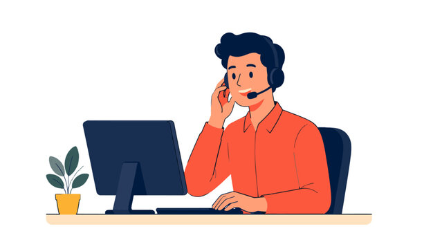 Customer service agent working at computer with headset
