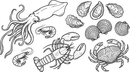 Fototapeta premium Fresh Seafood Element Set Featuring Squid Lobster Crab Shrimp Clams and Oysters Vintage Hand Drawn Engraving Sketch Vector Icons for Restaurant Menu