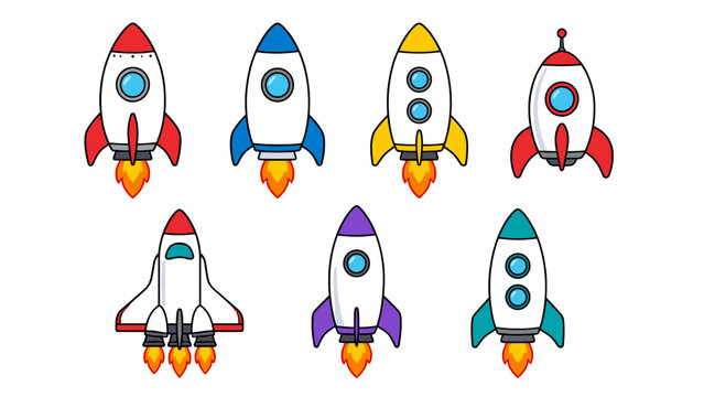 Colorful cartoon rockets and space shuttle vector set
