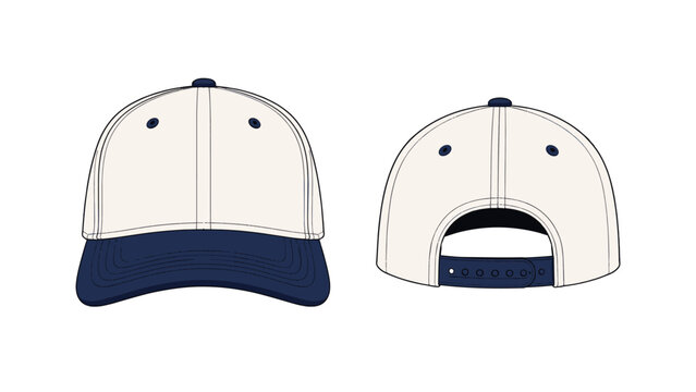 Front and back view of a blank baseball cap vector template