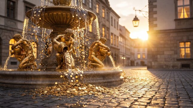Magical golden fountain with ancient statues pouring a cascade of gold coins instead of water on a cobblestone city square at sunset