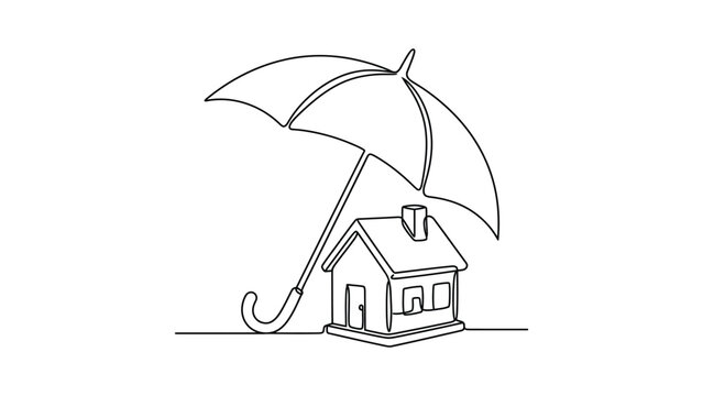 Continuous line drawing of a house under an umbrella for home insurance concept