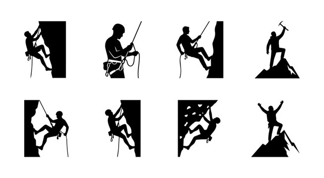 Mountain climbing silhouettes set with rock climbing, alpine, adventure and expedition poses. Vector.