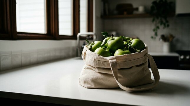 Fresh green apples in a canvas bag on a kitchen counter.