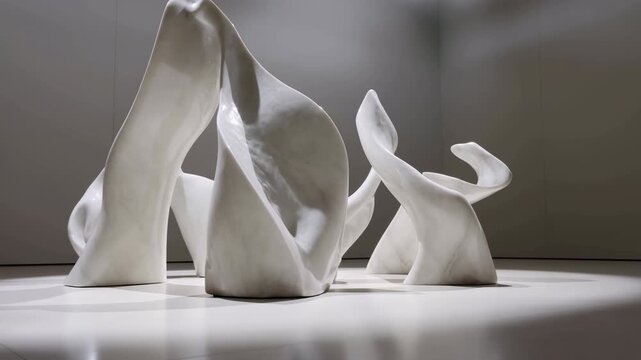 Low angle abstract white sculpture installation in minimal gallery under overhead spot lighting, with flowing organic forms, sweeping arches, hollow cutouts, and interlocking silhouettes