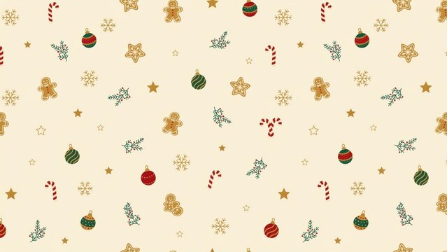 Festive christmas seamless pattern with gingerbread men, candy canes, colorful baubles, snowflakes, and stars on a soft cream background