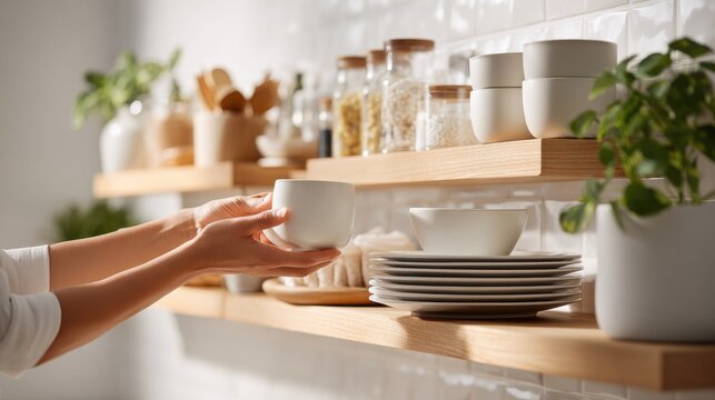 Organized kitchen shelves with white dishes and green plants for minimalist look. Beautifully arranged kitchen shelf displays white dishes and vibrant green plants, enhancing space's aesthetic appeal