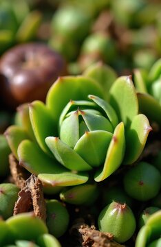 Green succulent plant Carpobrotus rossii grows on sandy ground near ocean. Coastal pig face flora features fleshy leaves, edible berries. Wild hardy ground cover vegetation thrives in sunny maritime
