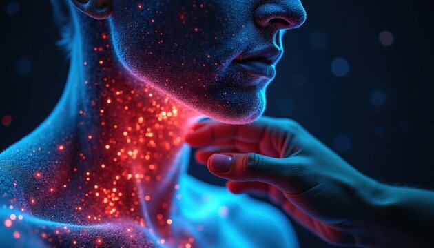 Person touches glowing neck area with red inflammation particles. Digital artistic view of throat ache, sore larynx infection. Human body anatomy shows viral disease symptom bacterial problem. Sick