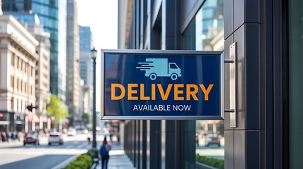 Obraz premium Delivery available now storefront signboard promoting fast shipping and local delivery service