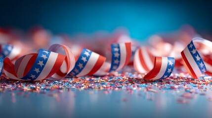Fototapeta premium Red white blue ribbon curled with star pattern on colorful confetti surface