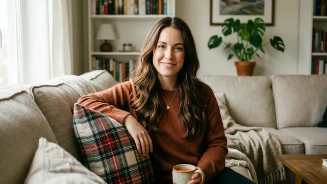 Woman smiles while holding a warm beverage. She rests her arm on a plaid cushion. Cozy living room features soft lighting and green plants. Bookshelves and framed art complete the background