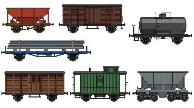 Collection of various types of railway freight cars including hopper, tank, flat, and boxcars, along with a caboose.
