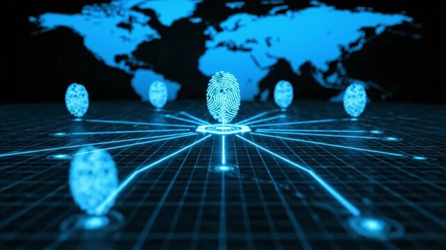 Futuristic Biometric Fingerprint Scanning Grid with Digital World Map Background for Global Cybersecurity and Identity Protection