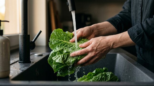 Person washing fresh green lettuce leaves in a modern kitchen sink under running water.