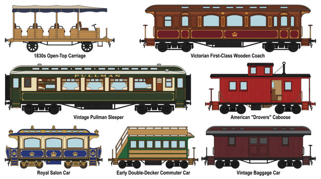 A collection of vintage train cars including open-top carriages, first-class coaches, Pullman sleepers, cabooses, salon cars, commuter cars, and baggage cars.