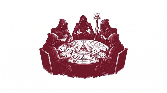 Mysterious cult or shadow elite manipulating the world isolated white background