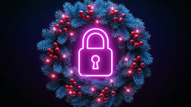 Festive Christmas Wreath with Neon Pink Padlock Icon for Secure Holiday Shopping and Winter Online Safety Concept