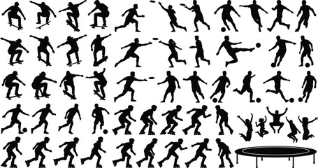 Athletic Sports Silhouette Set Skateboard Soccer Inline Skating Frisbee Jumping People Vector SVG © SreeRupali