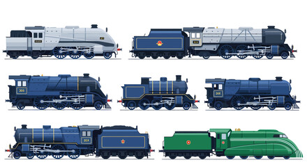 A collection of seven distinct steam locomotive illustrations showcasing various designs and colors from different eras. © Faisal