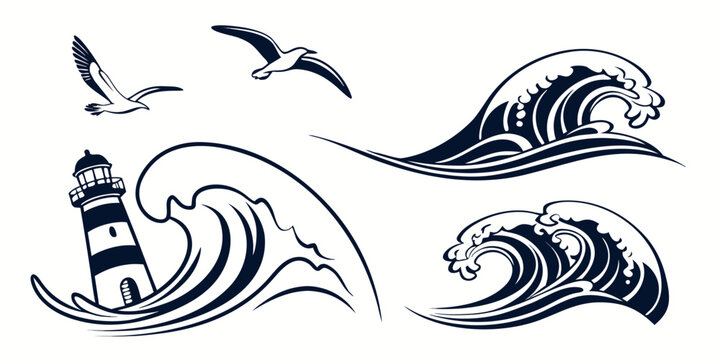 Black and white abstract ocean wave silhouette with seagulls flying above