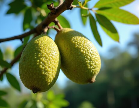 Fresh ripe morinda citrifolia fruits grow on green tree branch at sunrise. Tropical mengkudu plant hangs in wild garden. Organic noni berry bumpy texture skin. Nature food ingredient used for healthy