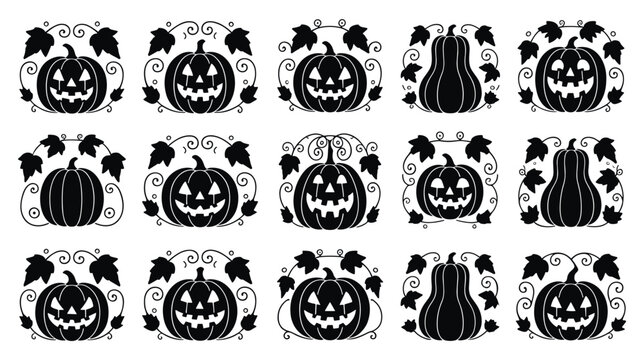 Collection of fifteen hand drawn sketch style halloween pumpkins and jack o lanterns with halloween jackolantern illustration seasonal collection