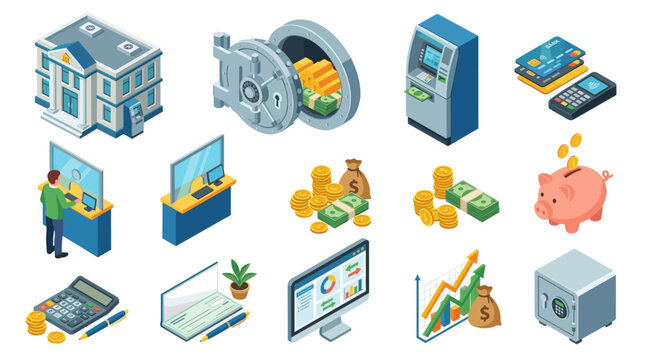 Banking and Finance Icon Set in Colorful Isometric Vector Illustration Style