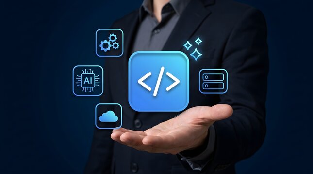 Low Code No Code Development and Programming Concept. Professional Presenting Virtual Coding, AI Automation and Cloud Integration for Applications