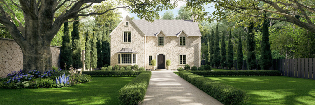 Beautiful stone cottage with a grand front yard garden and pathway