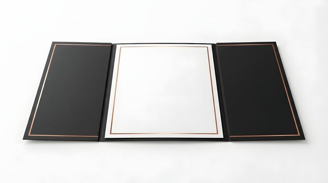 Elegant dark presentation folder with a pristine blank white sheet, ready to showcase achievements, diplomas, awards, or important professional documents and agreements
