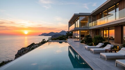 Fototapeta premium Contemporary luxury home with infinity pool and panoramic sea view at sunset showcasing elegant outdoor furniture and high-end architectural design for real estate