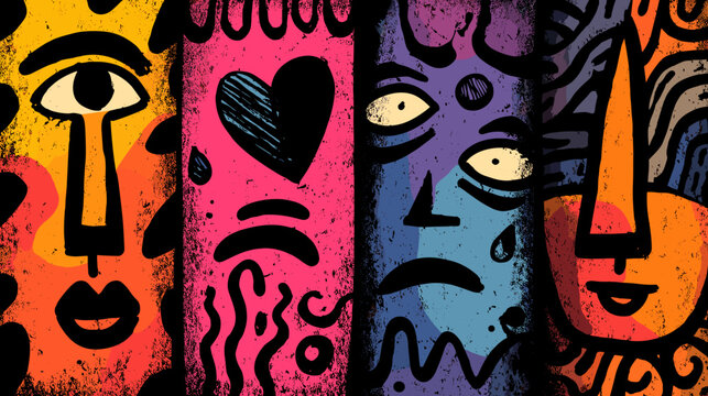 Colorful Abstract Faces Depicting Various Emotions In A Vibrant Mixed Media Artwork