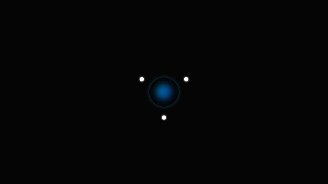 A glowing blue orb surrounded by three small white dots on black background