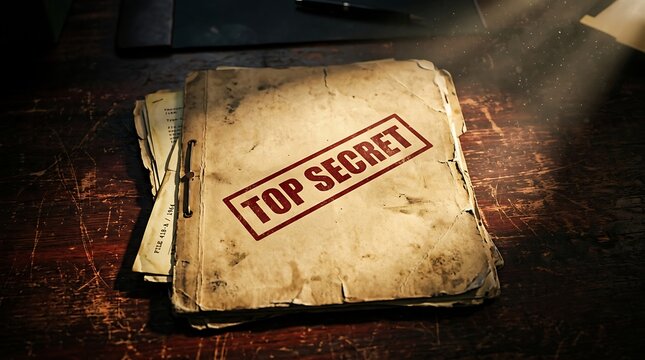Stack of aged top secret file folders with red stamp on rustic wooden desk in dramatic lighting for espionage or classified government document concepts