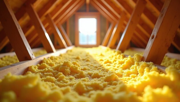 Attic insulation between wooden beams. Yellow blown-in material fills space under roof rafters. House under construction renovation, energy saving, thermal barrier, construction materials, cozy home.