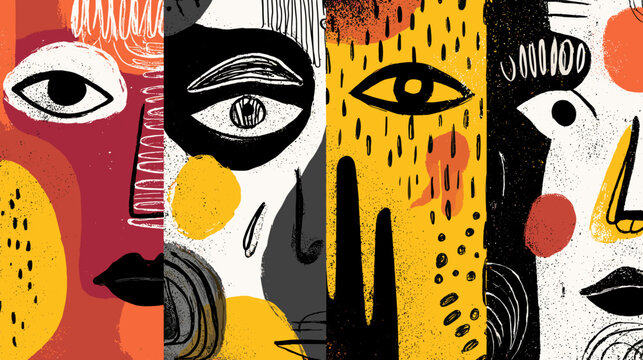 Colorful Abstract Faces Illustrating Emotions and Expressions with Geometric Design Elements