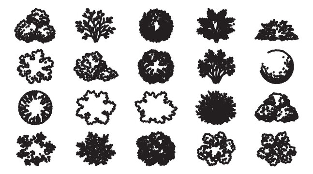 Landscape design tree symbols, 20 architectural plan view plant icons, black and white garden vegetation sketches for site mapping and master planning