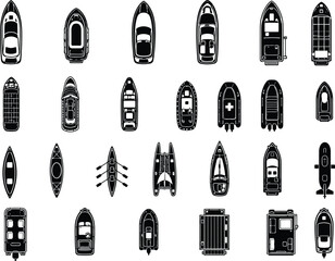 Ship top view vector illustration with colorful yachts, boats, kayak, canoe, ferry, cargo vessel and motorboat icons for marine transport and travel design © Bibi