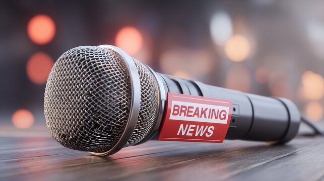 Dramatic Microphone with Breaking News Alert on a Wooden Surface