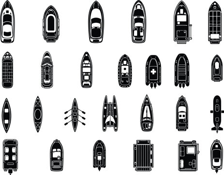 Ship top view vector illustration with colorful yachts, boats, kayak, canoe, ferry, cargo vessel and motorboat icons for marine transport and travel design