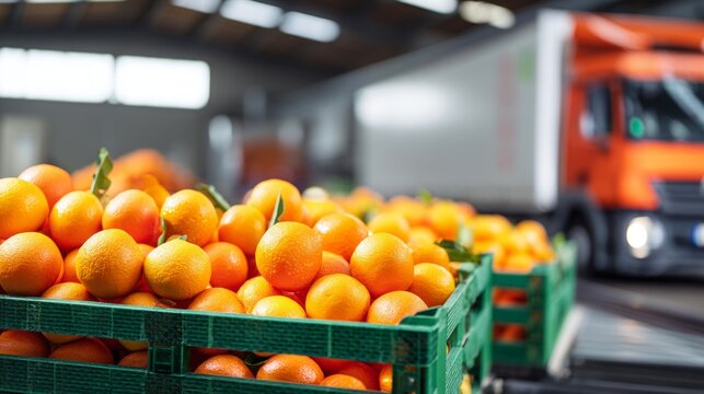 Fresh orange fruit crates stacked in warehouse with delivery truck background