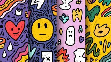Fototapeta premium Colorful Abstract Illustration Featuring Playful Patterns and Whimsical Emotions in Vibrant Tones
