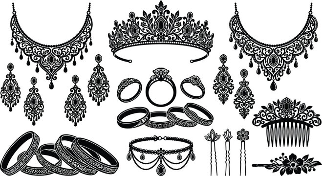 Luxury bridal jewelry collection silhouettes featuring tiaras and necklace sets