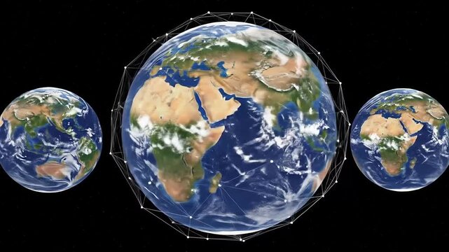 A digital representation of multiple planets connected by a global network grid