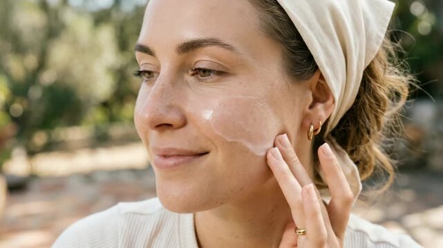A woman with a glowing complexion smiling at the camera while gently massaging a facial mask onto her face in an outdoor setting.