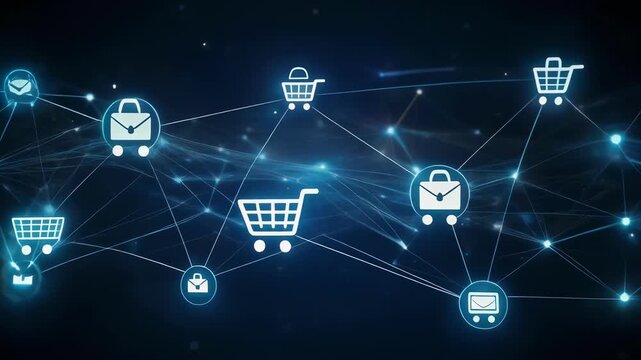 Digital network of shopping carts and houses connected by glowing lines during a futuristic technological concept of global e-commerce and logistics